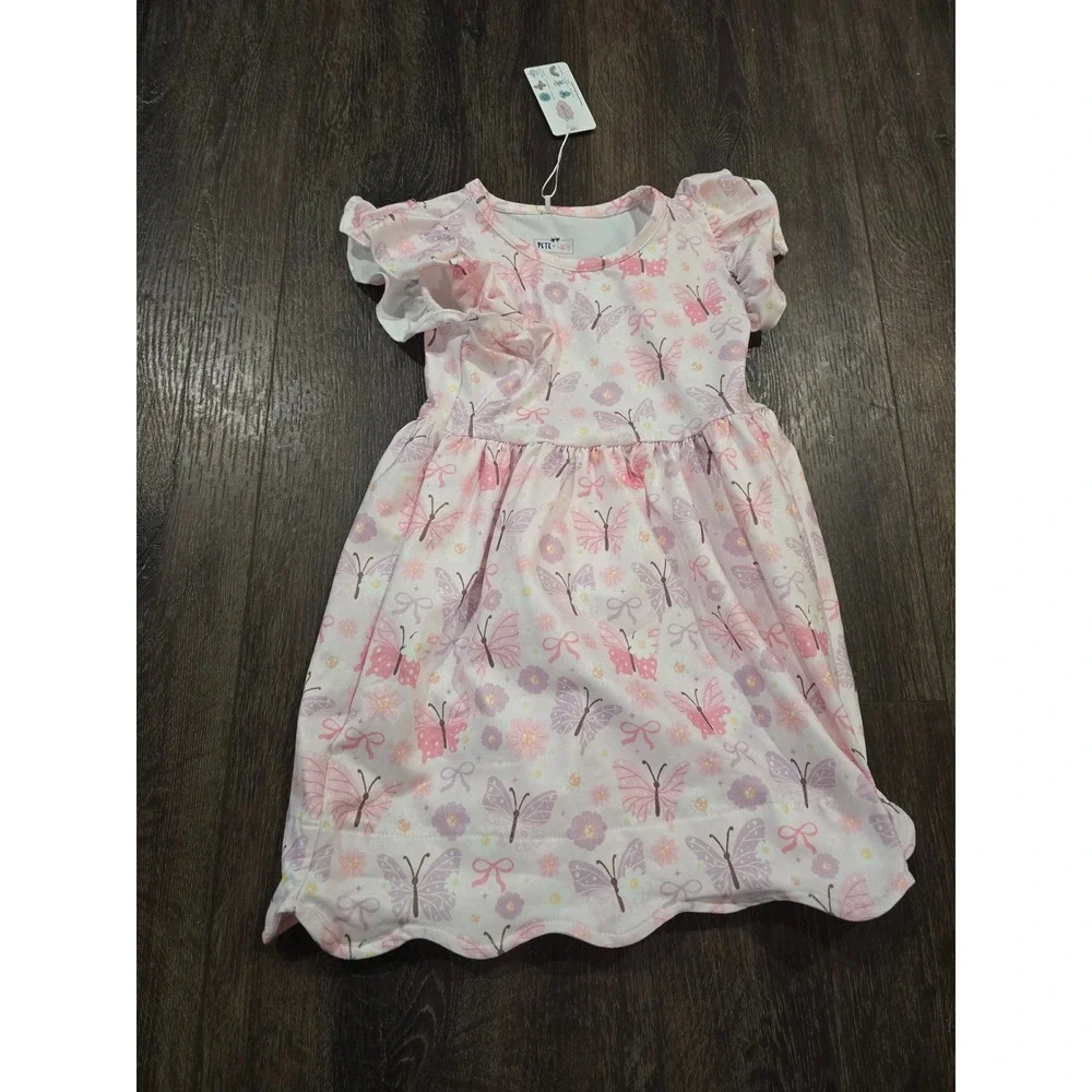 Pete + Lucy Girls Pink Butterfly Floral Flutter Sleeve Scalloped Hem Dress 3T